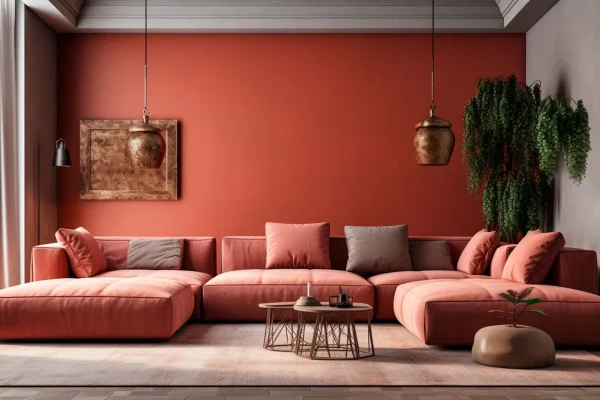Coral and terracotta living room accent sectional sofa. The walls are dark beige. great art gallery location. Colorful house interior mockup. Generative AI illustrator